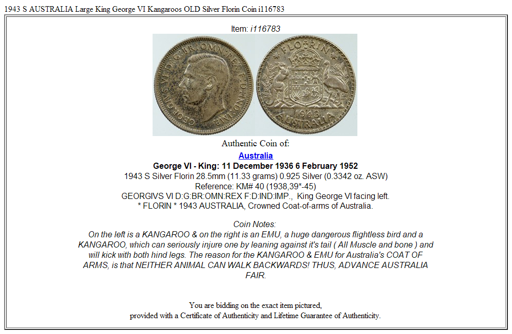 1943 S AUSTRALIA Large King George VI Kangaroos OLD Silver Florin Coin i116783