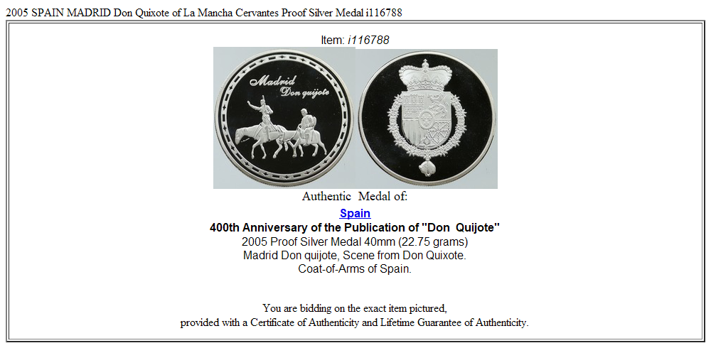 2005 SPAIN MADRID Don Quixote of La Mancha Cervantes Proof Silver Medal i116788