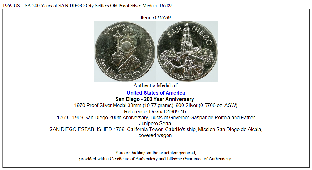 1969 US USA 200 Years of SAN DIEGO City Settlers Old Proof Silver Medal i116789