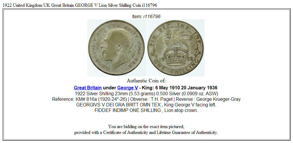 1922 United Kingdom UK Great Britain GEORGE V Lion Silver Shilling Coin i116796