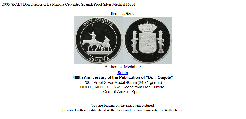 2005 SPAIN Don Quixote of La Mancha Cervantes Spanish Proof Silver Medal i116801