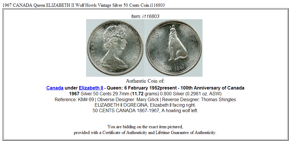 1967 CANADA Queen ELIZABETH II Wolf Howls Vintage Silver 50 Cents Coin i116803