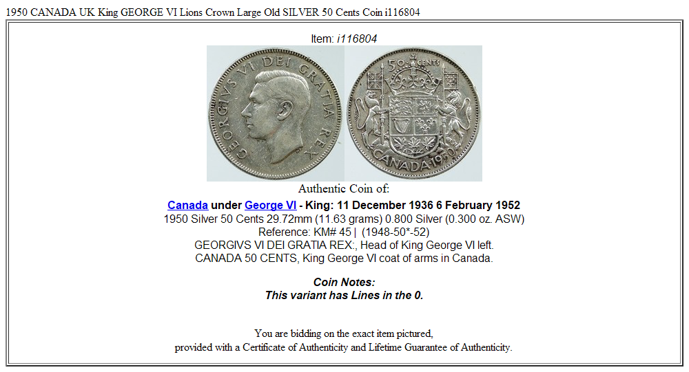 1950 CANADA UK King GEORGE VI Lions Crown Large Old SILVER 50 Cents Coin i116804