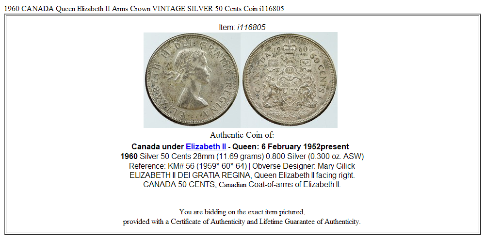 1960 CANADA Queen Elizabeth II Arms Crown VINTAGE SILVER 50 Cents Coin i116805