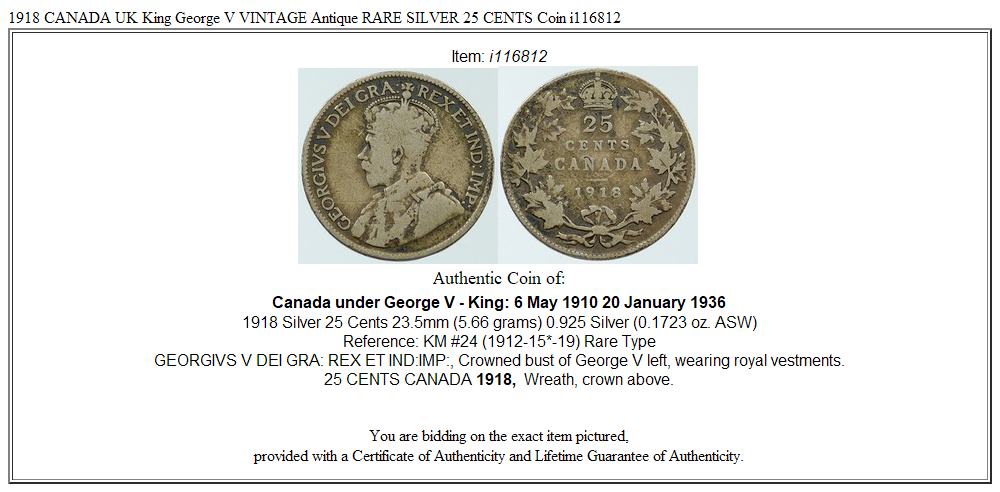 1918 CANADA UK King George V VINTAGE Antique RARE SILVER 25 CENTS Coin i116812