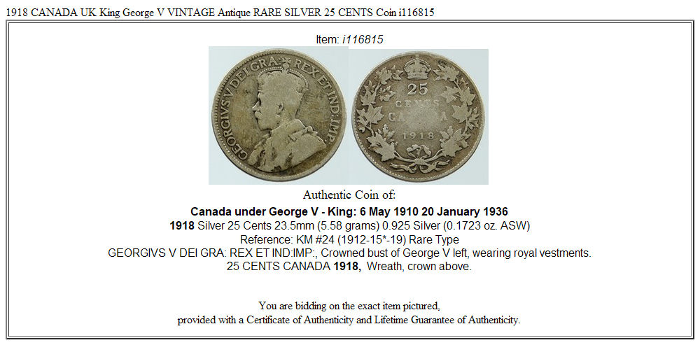 1918 CANADA UK King George V VINTAGE Antique RARE SILVER 25 CENTS Coin i116815