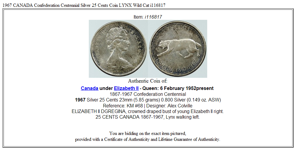 1967 CANADA Confederation Centennial Silver 25 Cents Coin LYNX Wild Cat i116817