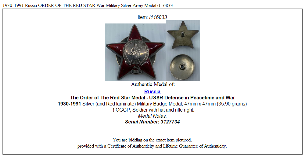 1930-1991 Russia ORDER OF THE RED STAR War Military Silver Army Medal i116833