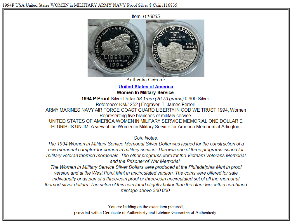 1994P USA United States WOMEN in MILIITARY ARMY NAVY Proof Silver $ Coin i116835