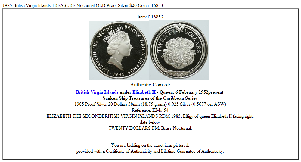1985 British Virgin Islands TREASURE Nocturnal OLD Proof Silver $20 Coin i116853