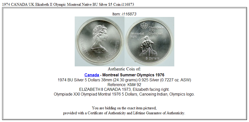 1974 CANADA UK Elizabeth II Olympic Montreal Native BU Silver $5 Coin i116873