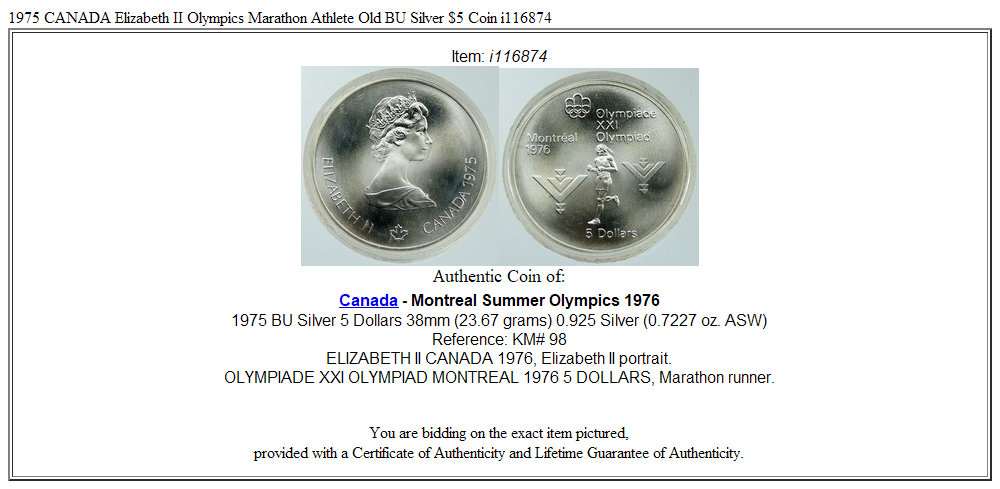 1975 CANADA Elizabeth II Olympics Marathon Athlete Old BU Silver $5 Coin i116874