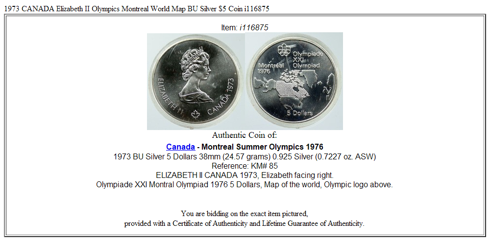 1973 CANADA Elizabeth II Olympics Montreal World Map BU Silver $5 Coin i116875