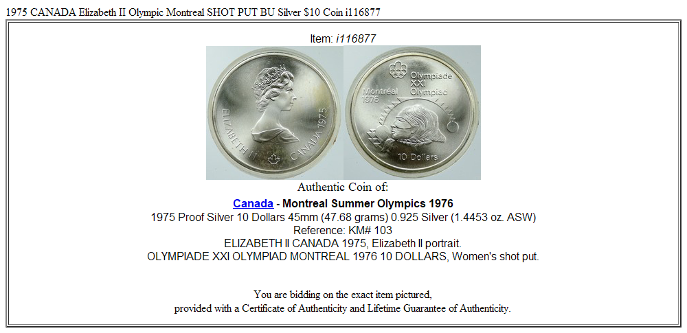 1975 CANADA Elizabeth II Olympic Montreal SHOT PUT BU Silver $10 Coin i116877