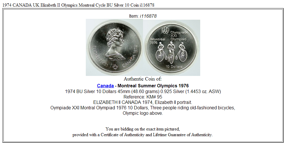 1974 CANADA UK Elizabeth II Olympics Montreal Cycle BU Silver 10 Coin i116878