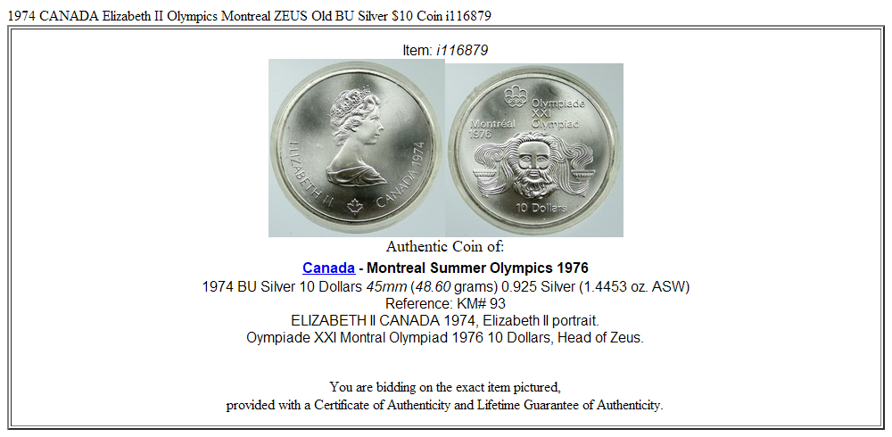 1974 CANADA Elizabeth II Olympics Montreal ZEUS Old BU Silver $10 Coin i116879