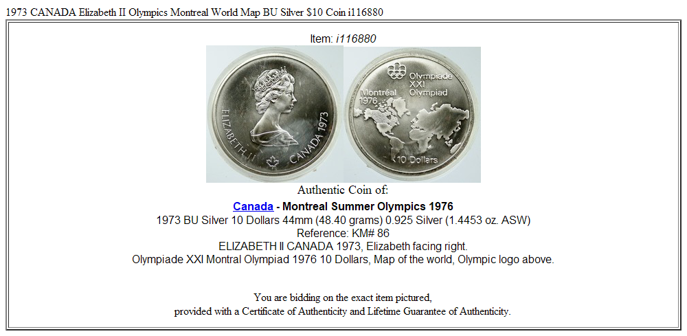 1973 CANADA Elizabeth II Olympics Montreal World Map BU Silver $10 Coin i116880