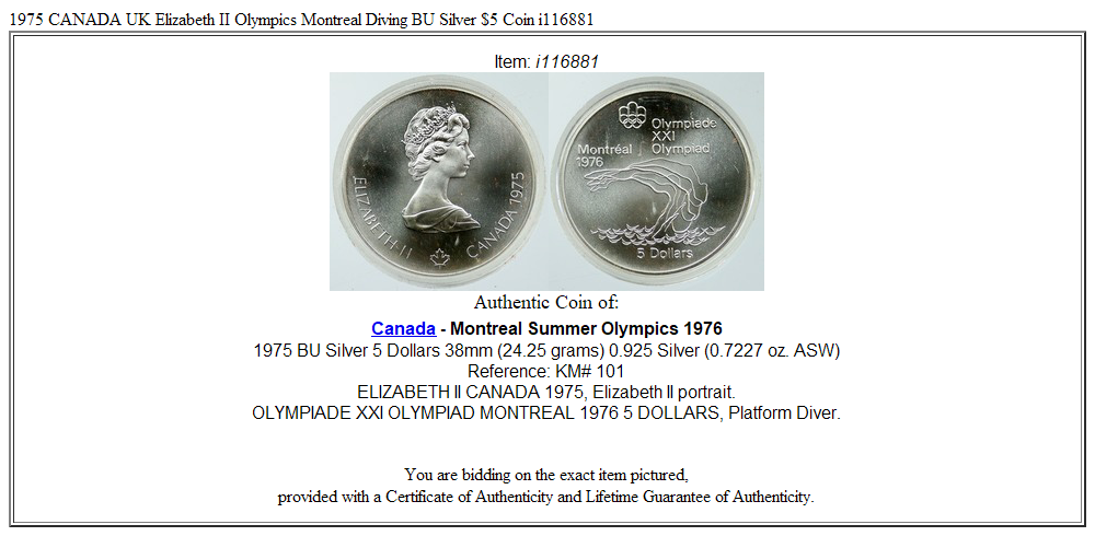 1975 CANADA UK Elizabeth II Olympics Montreal Diving BU Silver $5 Coin i116881