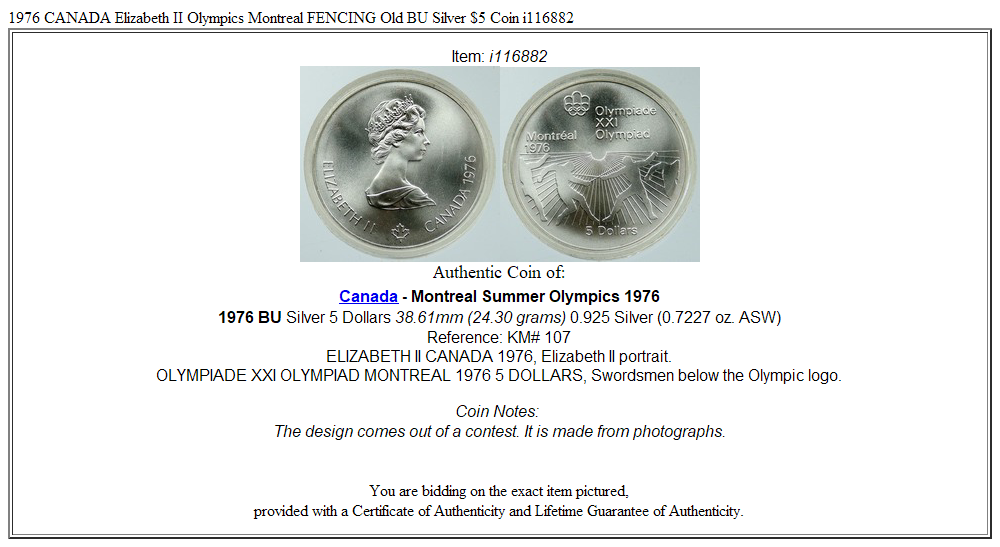 1976 CANADA Elizabeth II Olympics Montreal FENCING Old BU Silver $5 Coin i116882