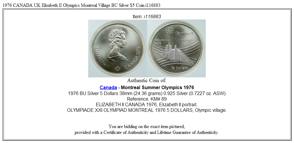 1976 CANADA UK Elizabeth II Olympics Montreal Village BU Silver $5 Coin i116883