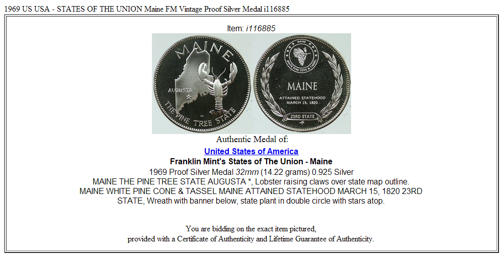 1969 US USA - STATES OF THE UNION Maine FM Vintage Proof Silver Medal i116885