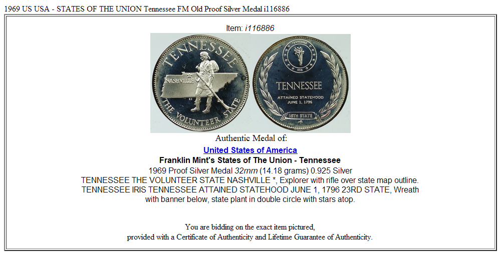 1969 US USA - STATES OF THE UNION Tennessee FM Old Proof Silver Medal i116886