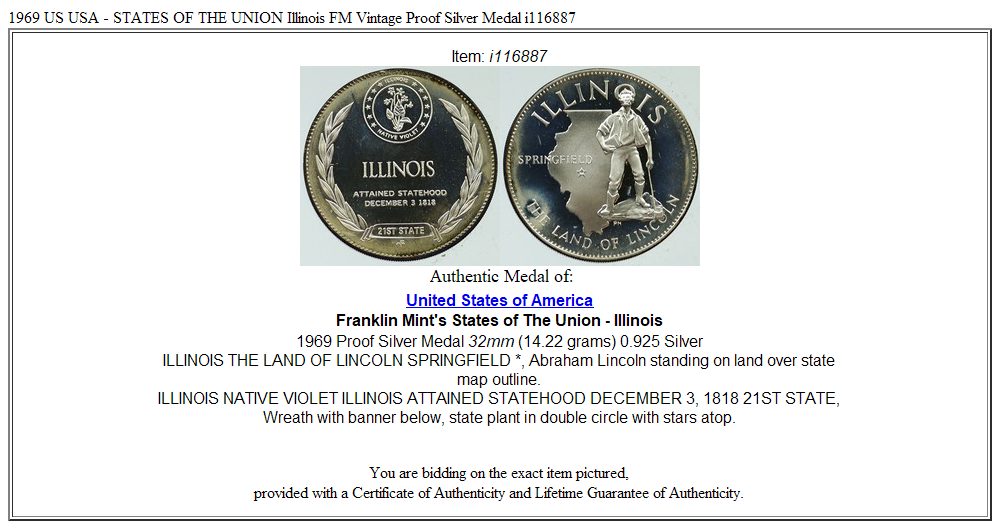 1969 US USA - STATES OF THE UNION Illinois FM Vintage Proof Silver Medal i116887