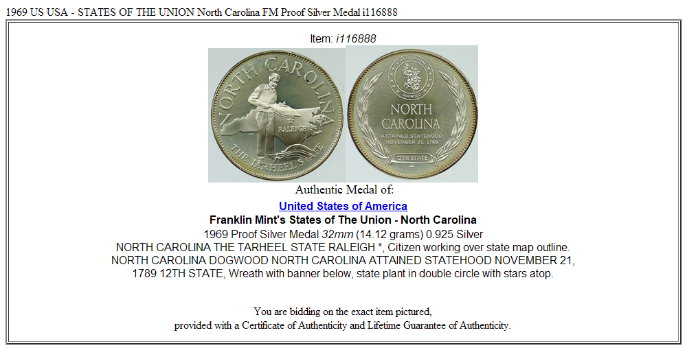 1969 US USA - STATES OF THE UNION North Carolina FM Proof Silver Medal i116888