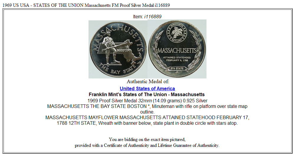 1969 US USA - STATES OF THE UNION Massachusetts FM Proof Silver Medal i116889