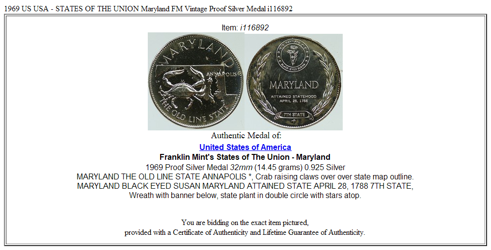 1969 US USA - STATES OF THE UNION Maryland FM Vintage Proof Silver Medal i116892