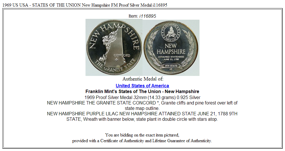 1969 US USA - STATES OF THE UNION New Hampshire FM Proof Silver Medal i116895