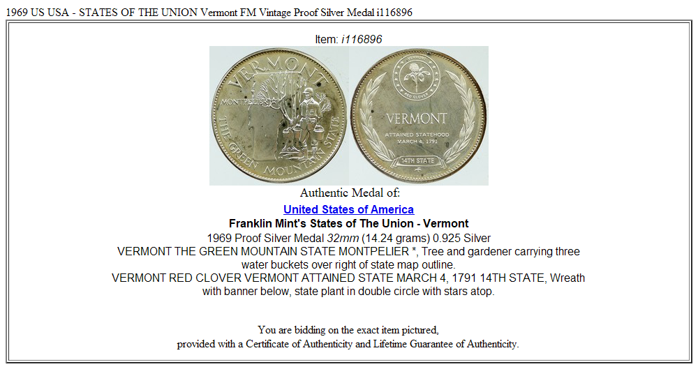 1969 US USA - STATES OF THE UNION Vermont FM Vintage Proof Silver Medal i116896