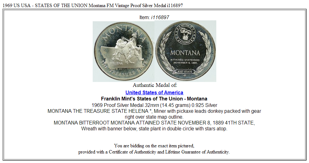 1969 US USA - STATES OF THE UNION Montana FM Vintage Proof Silver Medal i116897