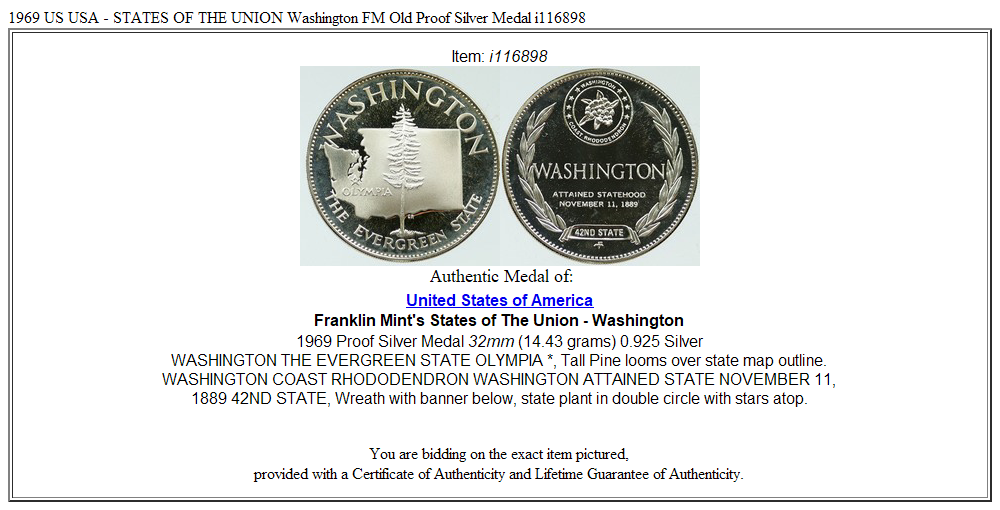 1969 US USA - STATES OF THE UNION Washington FM Old Proof Silver Medal i116898