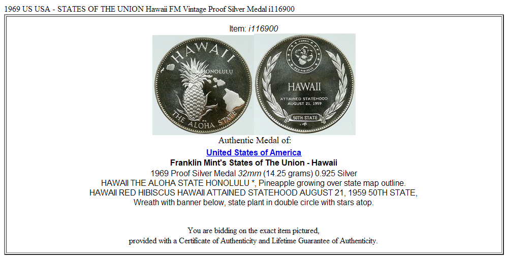 1969 US USA - STATES OF THE UNION Hawaii FM Vintage Proof Silver Medal i116900