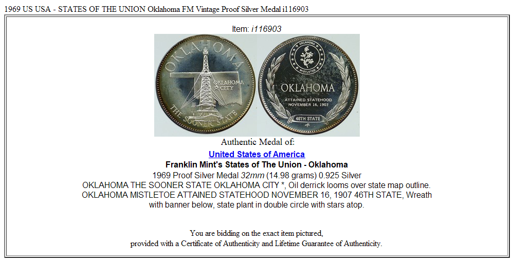 1969 US USA - STATES OF THE UNION Oklahoma FM Vintage Proof Silver Medal i116903