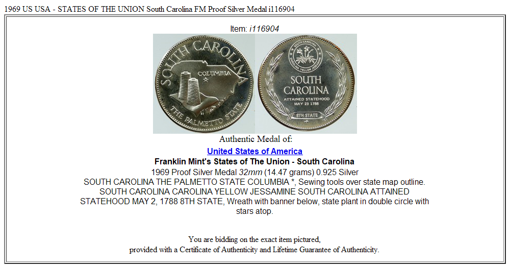 1969 US USA - STATES OF THE UNION South Carolina FM Proof Silver Medal i116904