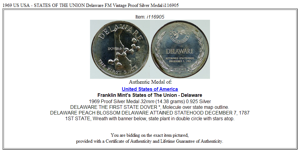 1969 US USA - STATES OF THE UNION Delaware FM Vintage Proof Silver Medal i116905