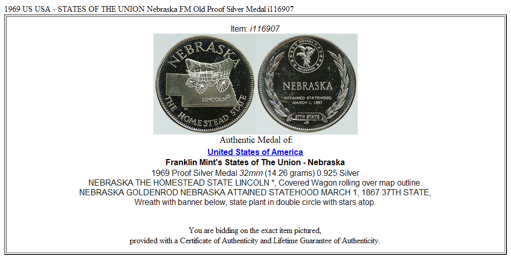 1969 US USA - STATES OF THE UNION Nebraska FM Old Proof Silver Medal i116907