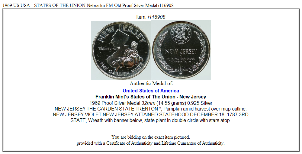 1969 US USA - STATES OF THE UNION Nebraska FM Old Proof Silver Medal i116908