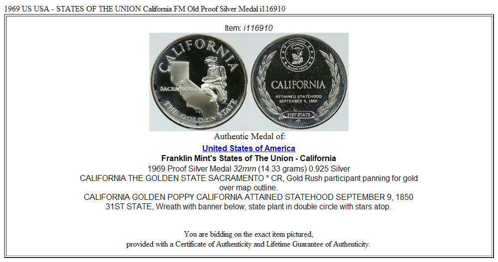 1969 US USA - STATES OF THE UNION California FM Old Proof Silver Medal i116910