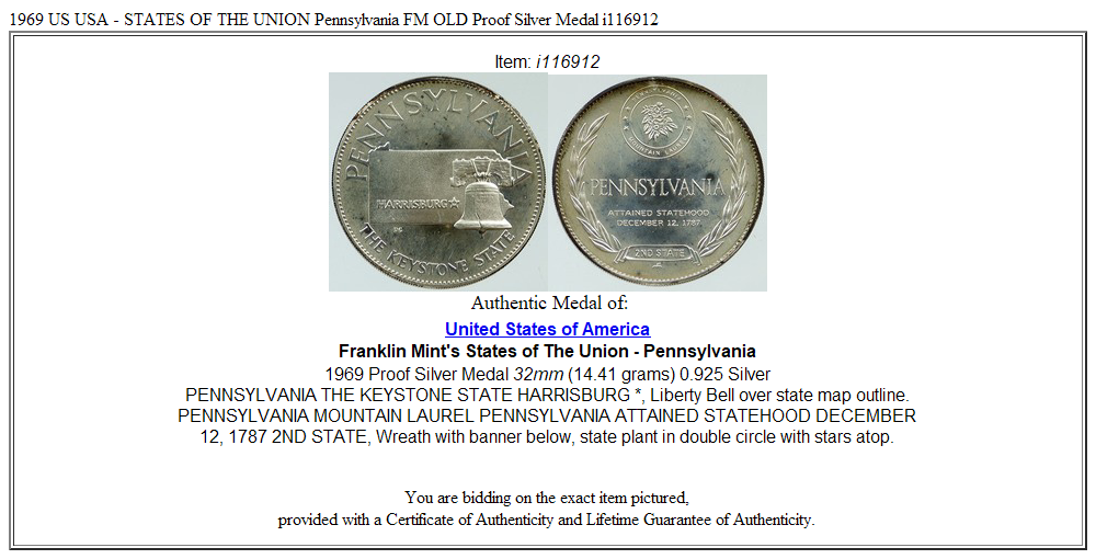 1969 US USA - STATES OF THE UNION Pennsylvania FM OLD Proof Silver Medal i116912