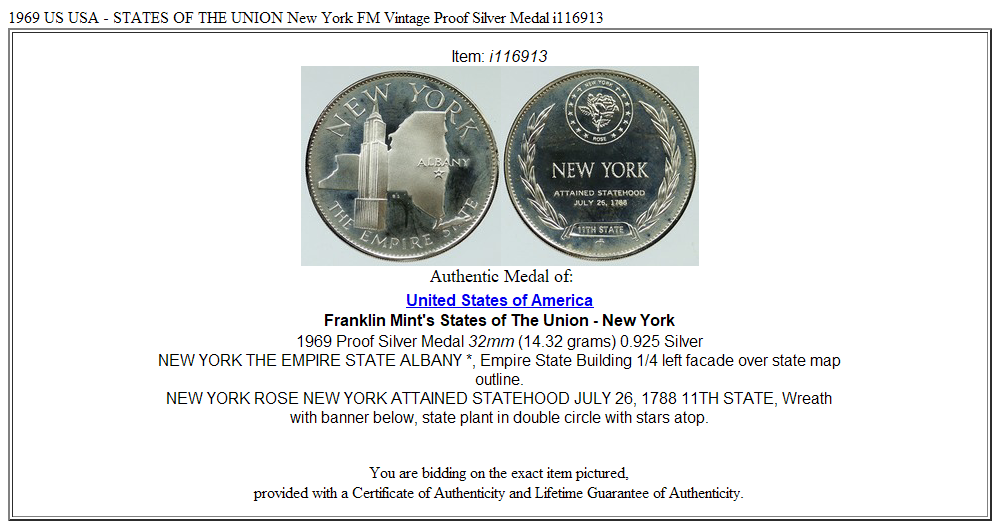 1969 US USA - STATES OF THE UNION New York FM Vintage Proof Silver Medal i116913