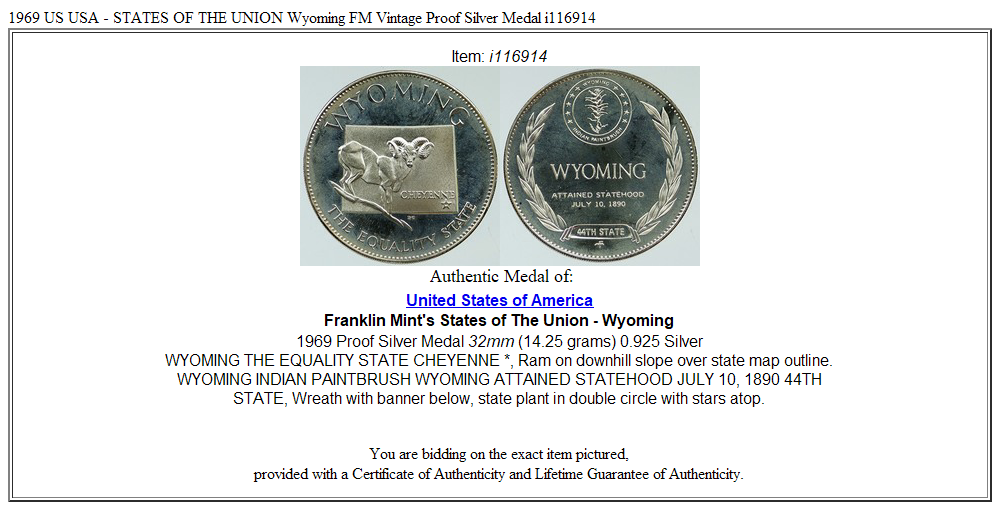 1969 US USA - STATES OF THE UNION Wyoming FM Vintage Proof Silver Medal i116914