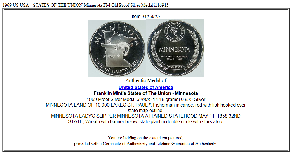 1969 US USA - STATES OF THE UNION Minnesota FM Old Proof Silver Medal i116915