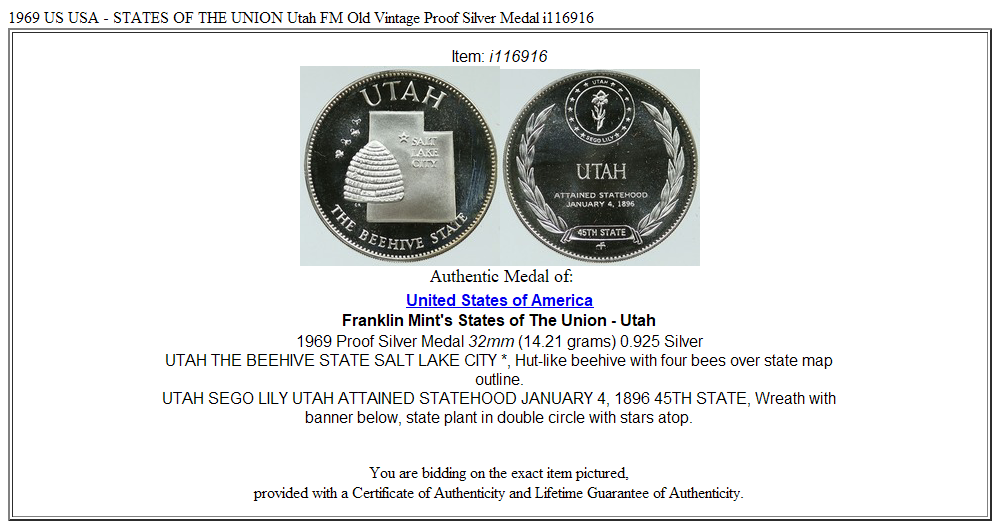 1969 US USA - STATES OF THE UNION Utah FM Old Vintage Proof Silver Medal i116916