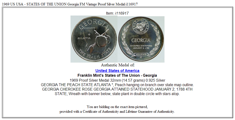 1969 US USA - STATES OF THE UNION Georgia FM Vintage Proof Silver Medal i116917