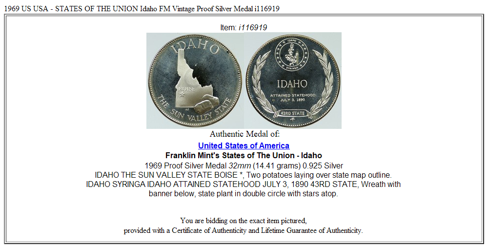 1969 US USA - STATES OF THE UNION Idaho FM Vintage Proof Silver Medal i116919