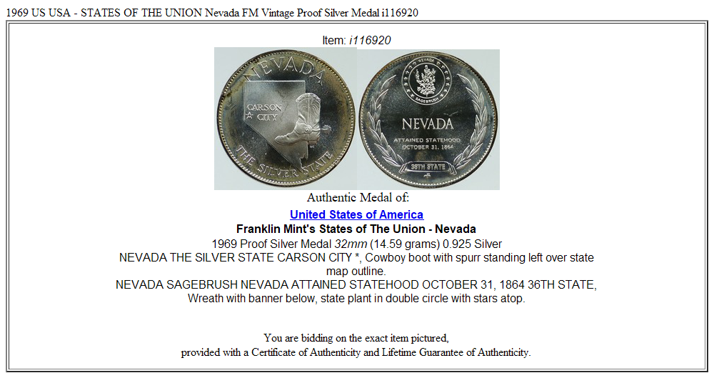 1969 US USA - STATES OF THE UNION Nevada FM Vintage Proof Silver Medal i116920