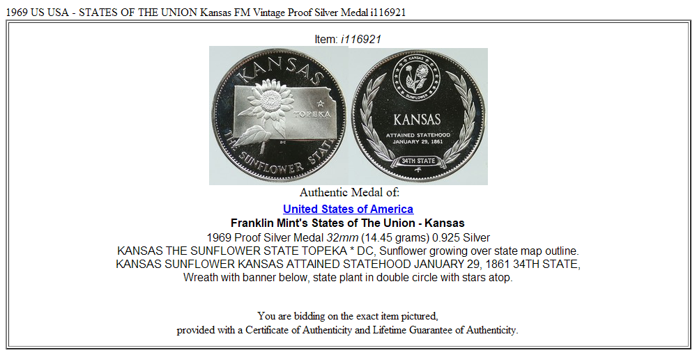 1969 US USA - STATES OF THE UNION Kansas FM Vintage Proof Silver Medal i116921